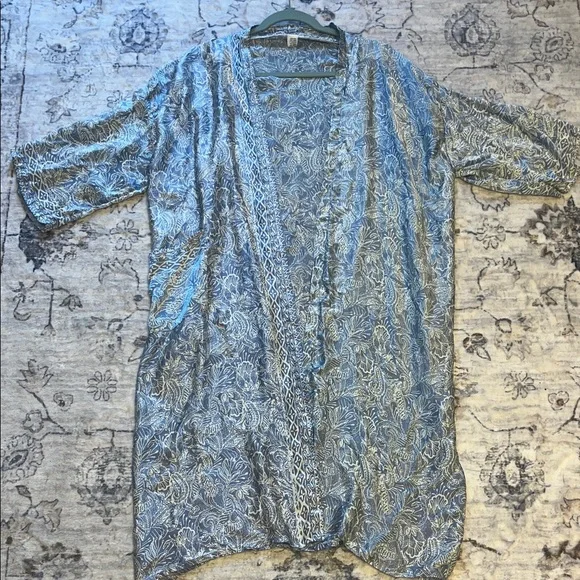 Boho Silk Batik Kimono Duster Blue Festival Beach Cover Up One Size - Picture 3 of 8